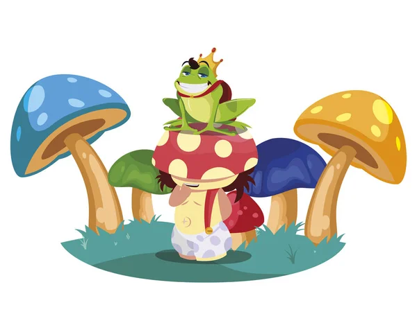 Βάτραχος πρίγκιπας και fungu ξωτικό στον κήπο — Διανυσματικό Αρχείο
