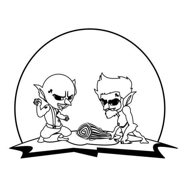 Feo troll con cavernícola gnomo en el campamento mágico personajes — Vector de stock