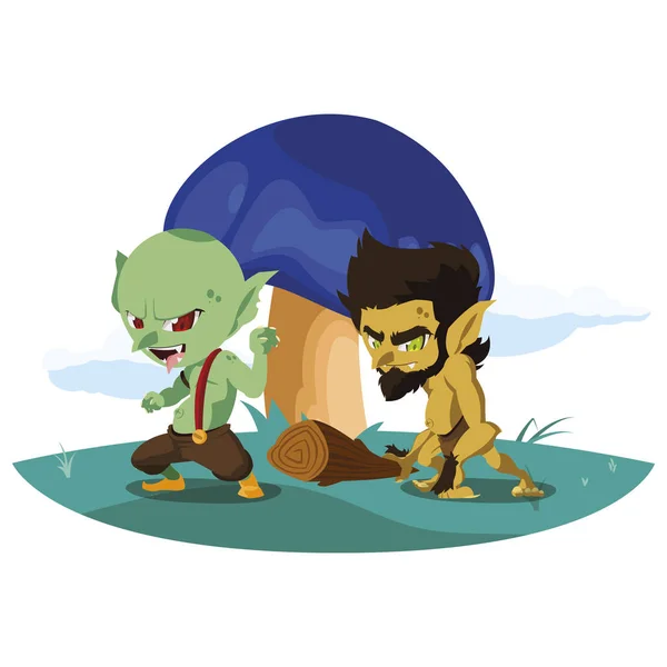 Feo troll con cavernícola gnomo en el campamento mágico personajes — Vector de stock