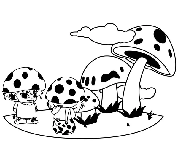 Elfos de fungos nos personagens mágicos do jardim — Vetor de Stock
