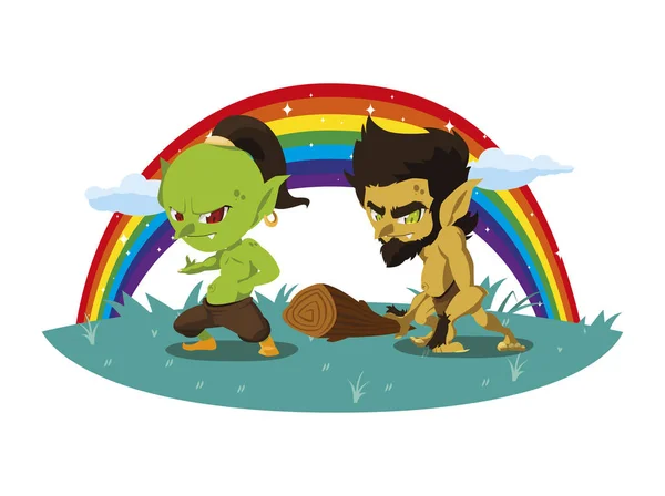 Feo troll con cavernícola gnomo y arco iris — Vector de stock