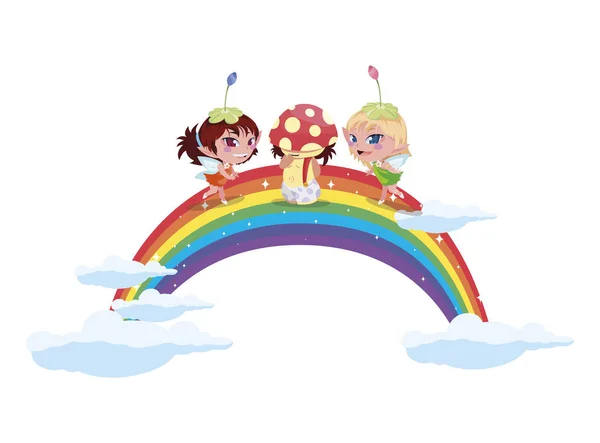 Beautiful magic fairies with fungu elf and rainbow — Stock Vector