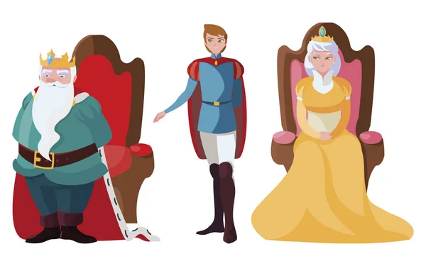 Prins charmant met koningin en koning op troon tekens — Stockvector