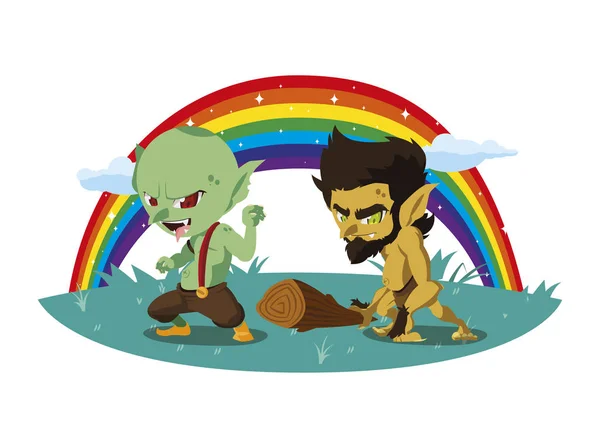 Feo troll con cavernícola gnomo y arco iris — Vector de stock