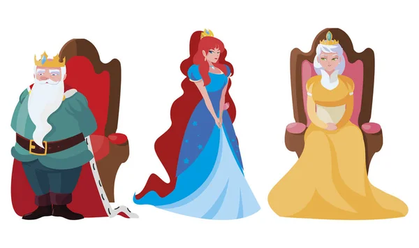 Princesa con reina y rey en el trono de los cuentos de carácter — Vector de stock