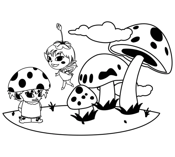 Zauberfee und Pilzelf im Garten — Stockvektor