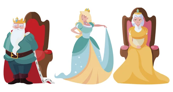 公主与王后和国王在王位上的故事字符 — 图库矢量图片