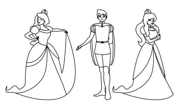 Príncipe encantador y dos princesa de cuentos personajes — Vector de stock