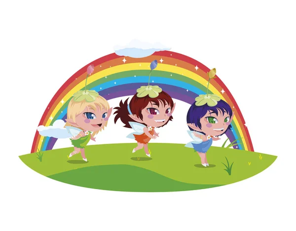 Bellas hadas mágicas con escena de arco iris — Vector de stock