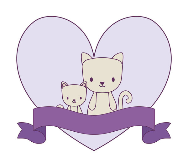 cute cats animals with heart shape and ribbon