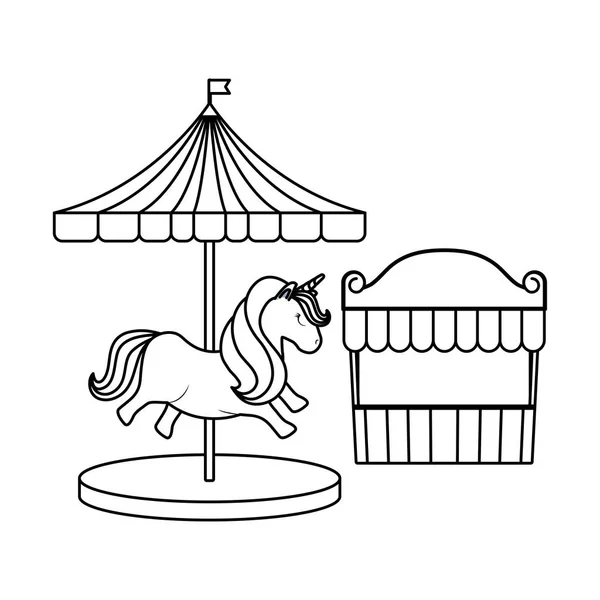 Carousel with unicorn and tent circus — Stock Vector