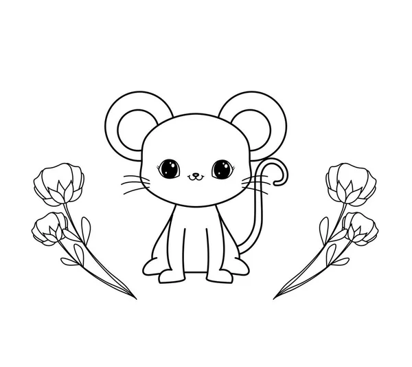 Lindo ratón en marco circular con flores — Archivo Imágenes Vectoriales