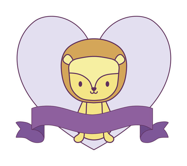 cute lion in frame with heart shape and ribbon
