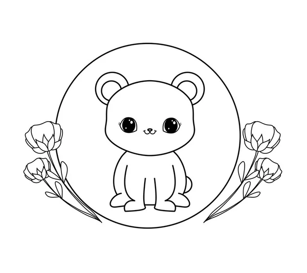 Söt Björn i Frame cirkulär med blommor — Stock vektor