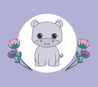 çiçeklerle dairesel çerçeve sevimli su aygırı