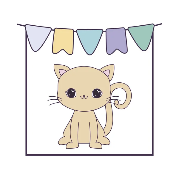 Mignon chat animal avec guirlandes suspendues — Image vectorielle