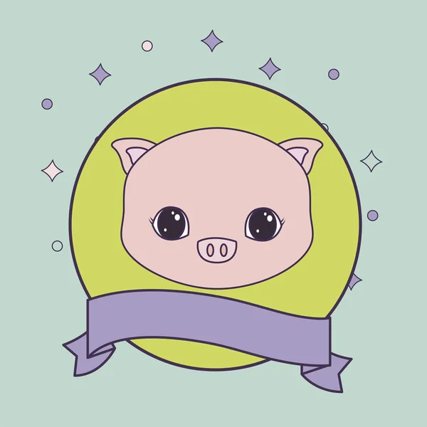 Hoofd van schattig Piggy in frame circulaire met lint — Stockvector