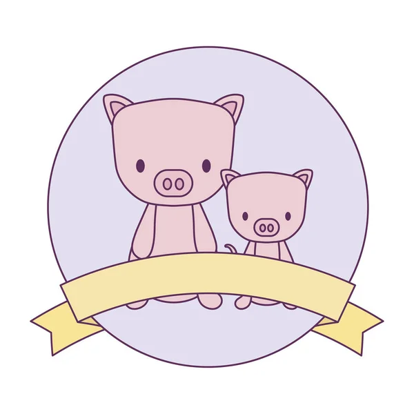 Милі свині тварин в рамці круглої зі стрічкою — стоковий вектор