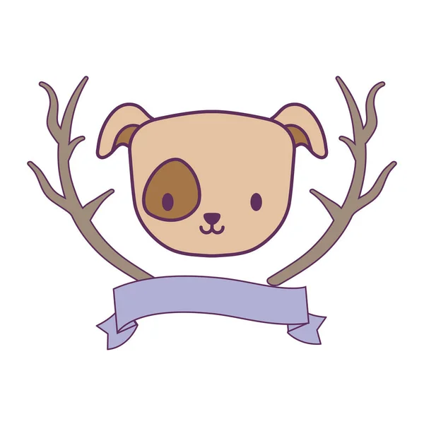 Cabeza de perro lindo con ramas de árbol y cinta — Vector de stock