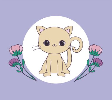 çiçeklerle çerçeve dairesel sevimli kedi