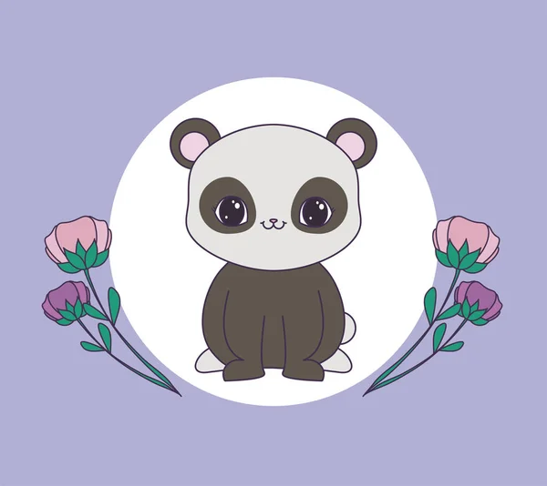 Urso panda no quadro circular com flores —  Vetores de Stock