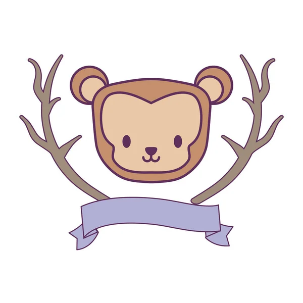 Tête d'ours mignon avec branches d'arbre et ruban — Image vectorielle