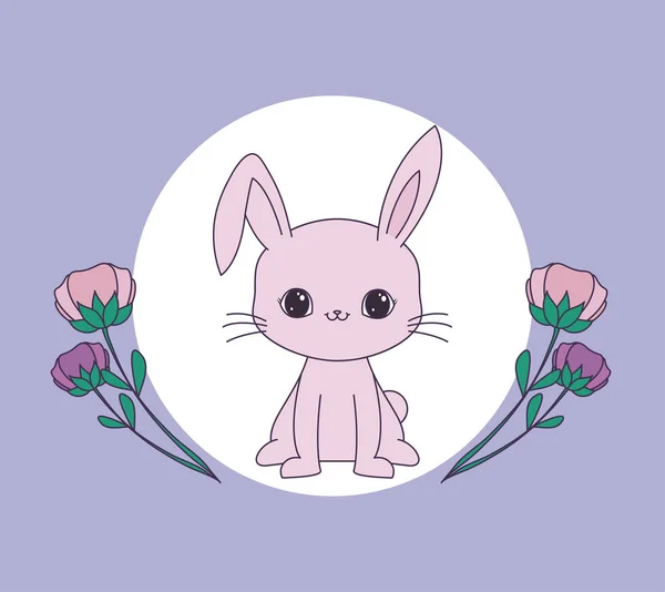 Cute rabbit in frame circular with flowers — Stock Vector