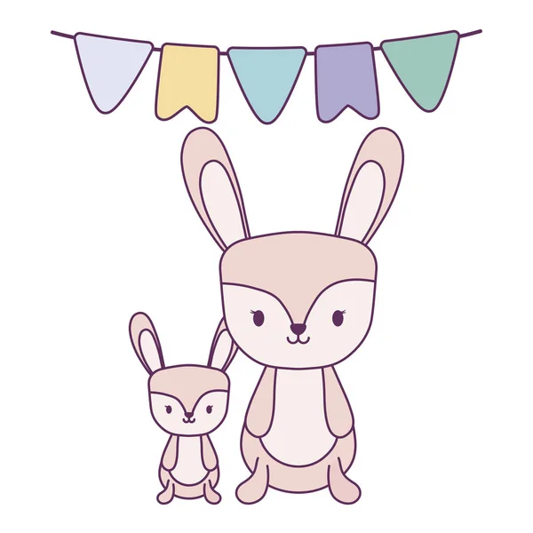 Gruppe von niedlichen Kaninchen Tiere mit Girlanden hängen — Stockvektor