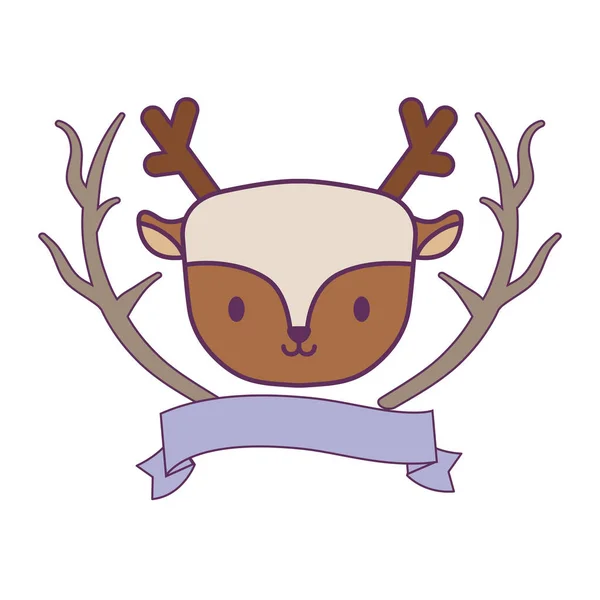 Testa di renna carina con rami d'albero e nastro — Vettoriale Stock