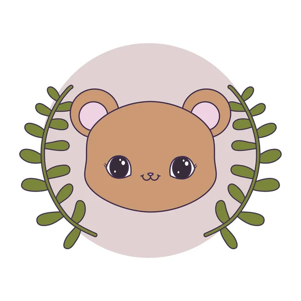 Hlava roztomilé medvídek v rámu kruhové s korunou listové — Stockový vektor