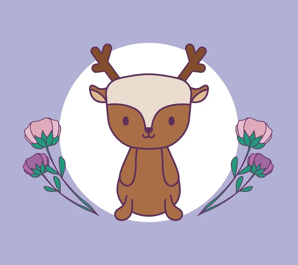 Animal de reno lindo en marco con decoración de flores — Archivo Imágenes Vectoriales