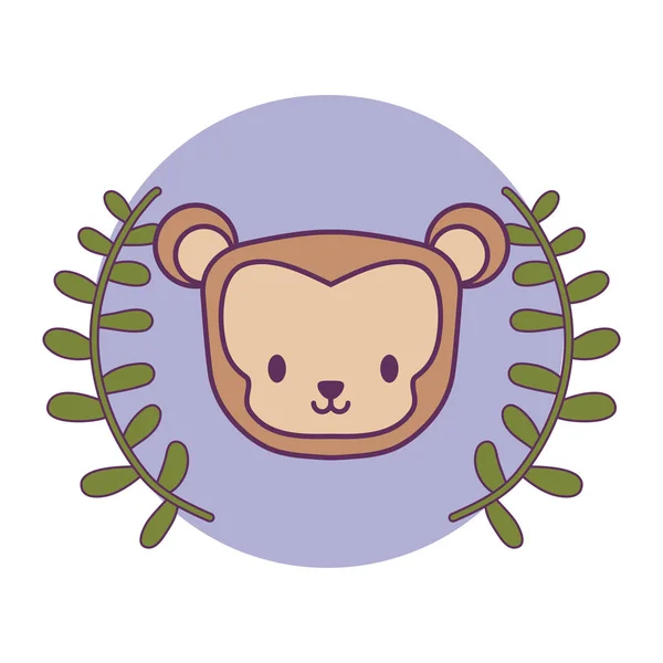 Testa di scimmia carina in cornice circolare con corona di foglie — Vettoriale Stock