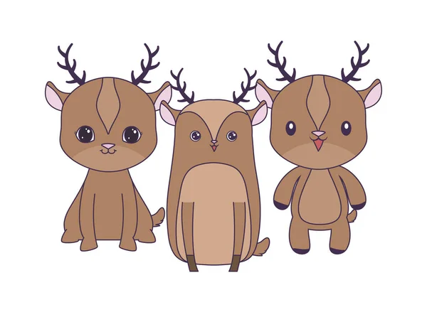 Cute group of reindeer animals isolated icon — Stock Vector