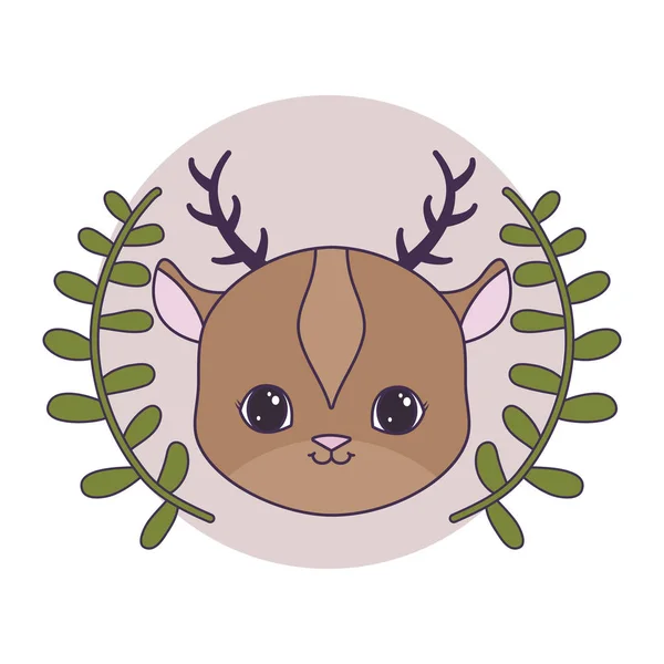 Head of cute reindeer in frame circular with crown of leafs — Stock Vector