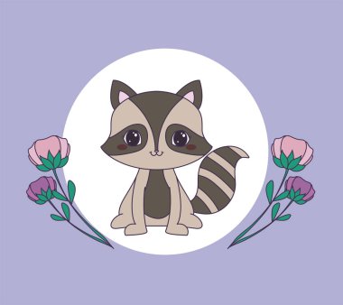 çiçeklerle çerçeve dairesel sevimli rakun