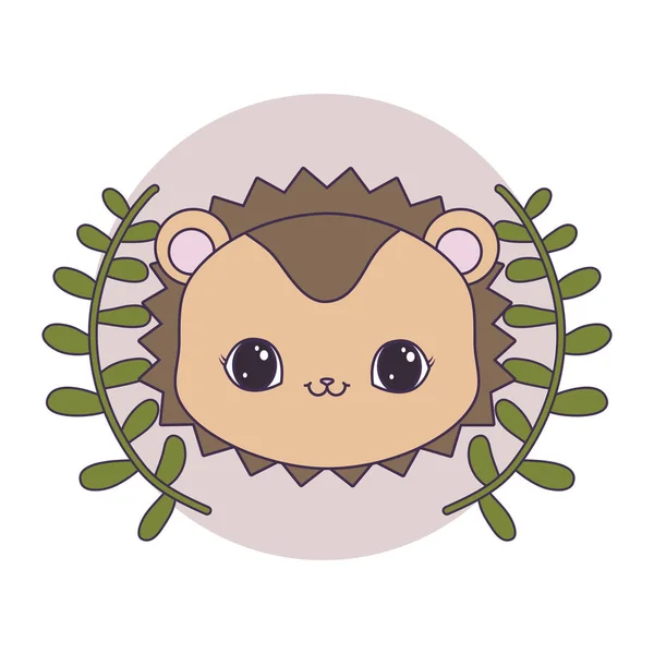 Head of cute porcupine in frame circular with crown of leafs — Stock Vector