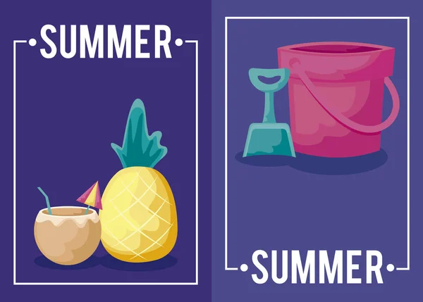 Affiche de vacances d'été avec ananas et ensemble d'icônes — Image vectorielle