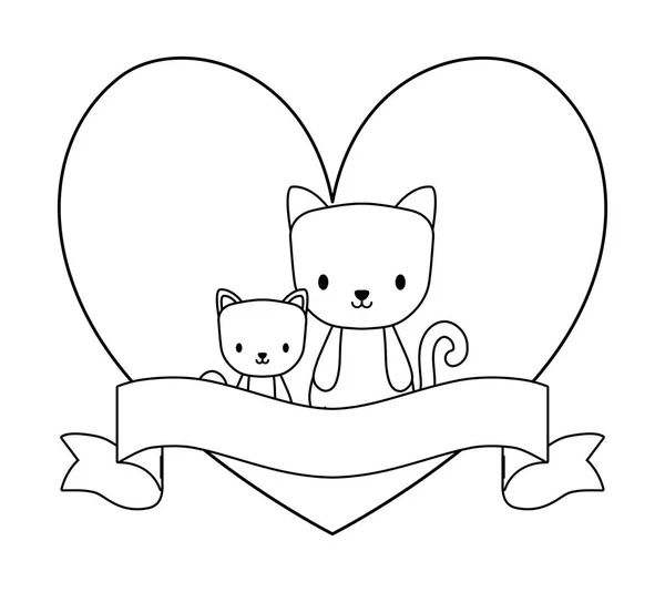 Chats mignons animaux avec forme de coeur et ruban — Image vectorielle