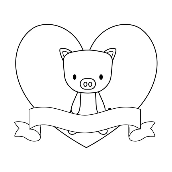 Lindo cerdo animal en el marco con forma de corazón y cinta — Vector de stock