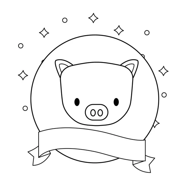 Голова симпатичной свиньи в раме с ленточкой — стоковый вектор