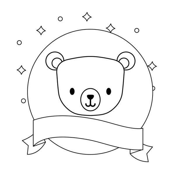 Kopf des niedlichen Bären im Rahmen kreisrund mit Schleife — Stockvektor