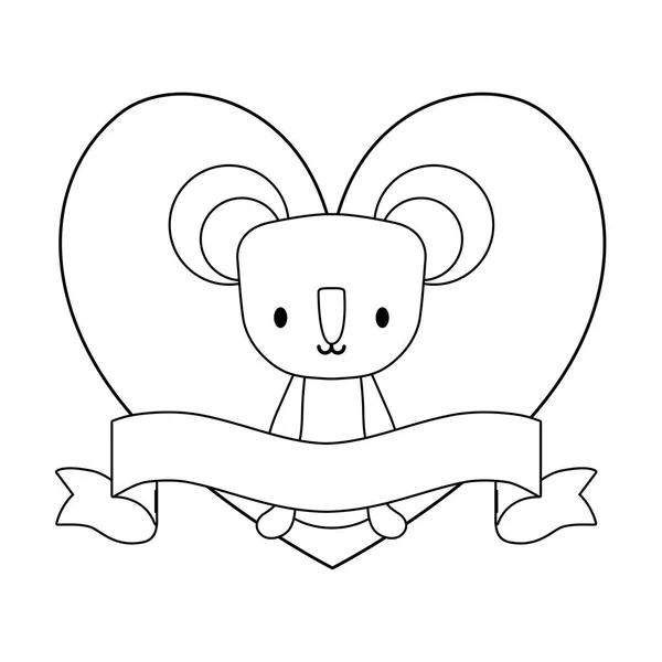 Lindo koala en marco con forma de corazón y cinta — Vector de stock
