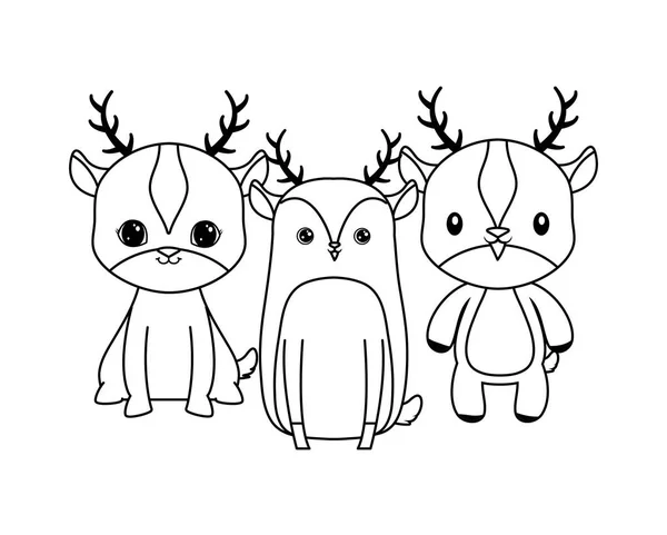 Mignon groupe de rennes animaux isolé icône — Image vectorielle
