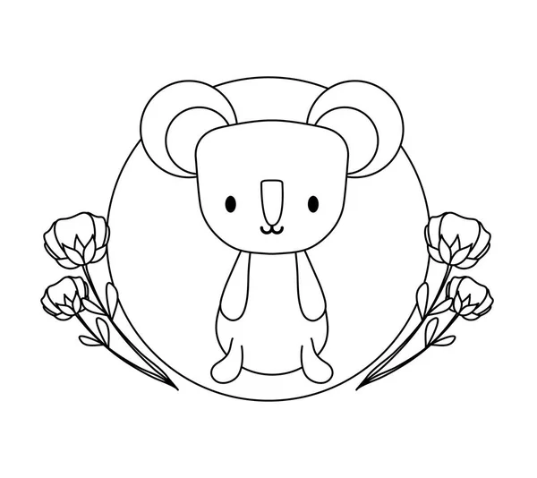Koala bonito no quadro circular com flores ícone isolado — Vetor de Stock