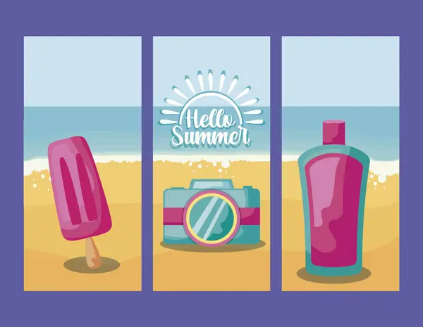 Affiche de vacances d'été avec caméra et icônes — Image vectorielle