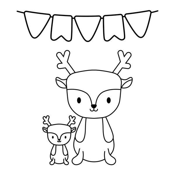 Lindo grupo de renos animales con guirnaldas fiesta colgando — Vector de stock