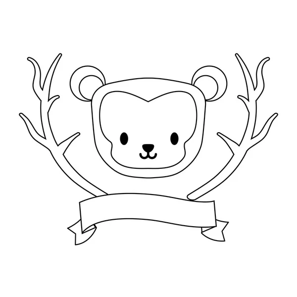 Head of cute bear with tree branches and ribbon — Stock Vector