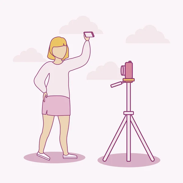 Woman taking selfie with smartphone and camera photographic — 스톡 벡터