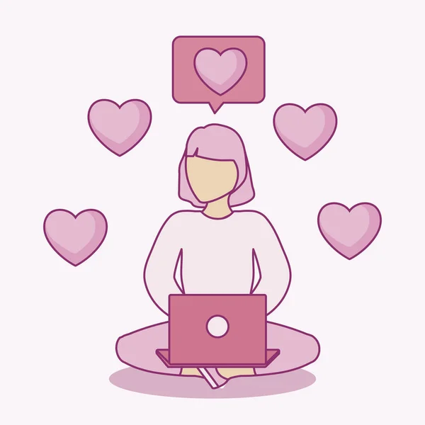 Γυναίκα κάθεται χρησιμοποιώντας φορητό υπολογιστή με φυσαλίδες ομιλίας και καρδιές — Διανυσματικό Αρχείο