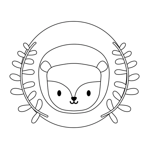 Cabeza de león lindo en marco circular con corona de hojas — Vector de stock